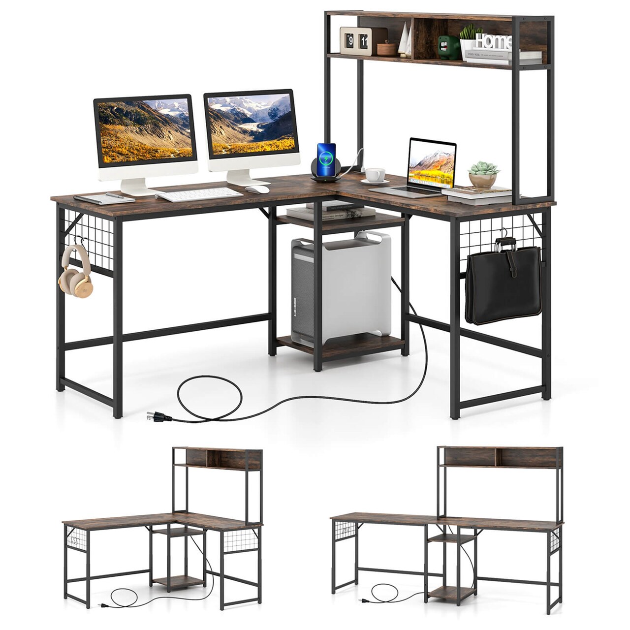 Costway L-shaped Desk with Power Outlet Large Corner Desk Converts to 2-Person Long Desk Rustic Brown/Black